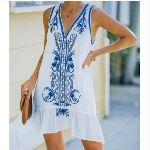 Dee Elly Dress Path to Paradise Blue White Embroidered Sleeveless Ruffle Medium - Picture 2 of 15